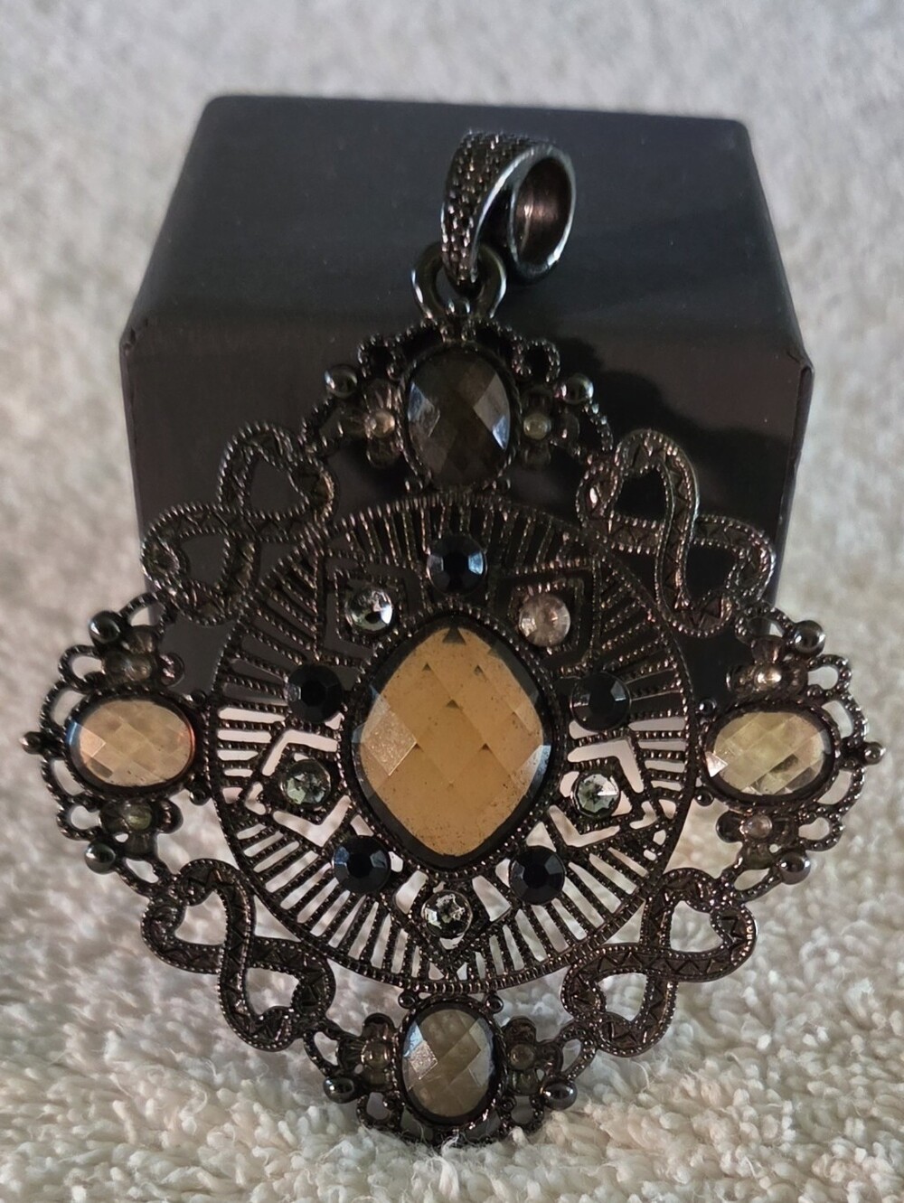 Vintage Gothic Gunmetal Filigree Statement Pendant – Smoky Topaz Amber Crystal